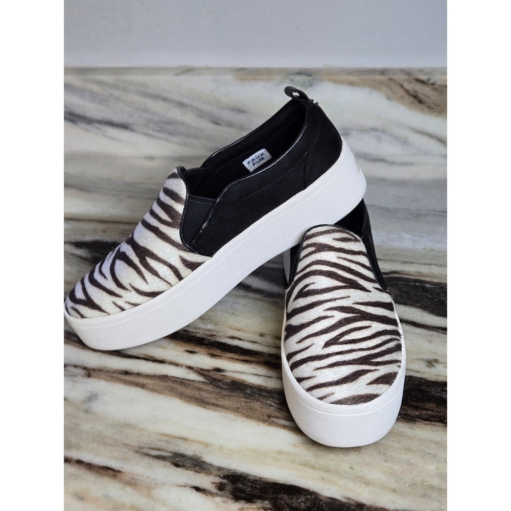 Aldo Zebra Print Faux Fur Platform Slip On Sneakers Black White Round Toe Size 8